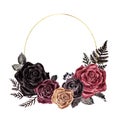 Watercolor Dark Roses Floral Border, Vintage Victorian Gothic Style. Burgundy, Red, Maroon And Black Rose Wreath With Golden