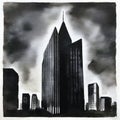 Watercolor of Dark skyscraper front with menacing appearance on a black