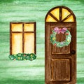 Watercolor dark wodden doors and windows in vintage style on green background wall with Christmas wreath decorations Royalty Free Stock Photo