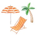 Watercolor deckchair, parasol and palm set isolated on white background. Summer beach Tourism hand drawn illustration