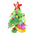 Watercolor decorated Christmas tree with presents Royalty Free Stock Photo