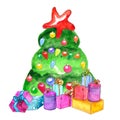 Watercolor decorated Christmas tree with presents Royalty Free Stock Photo