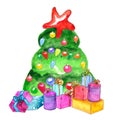 Watercolor decorated Christmas tree with presents