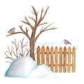 Decorative brown wooden fence in winter with snow, Christmas tree and Bullfinch bird couple and snowdrifts. Front view Royalty Free Stock Photo