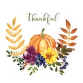 Watercolor decorative fall bouquet with pumpkin and flowers arrangement, isolated. Vintage rustic style Royalty Free Stock Photo