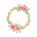 Watercolor Decorative romantic wreath of lovely flowers in red,pink colors,green leaves.Watercolor floral frame.