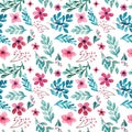 Watercolor Deep Pink Flowers And Leaves Seamless Pattern