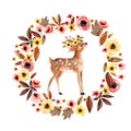 Watercolor deer fawn among flowers isolated on white background.