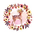 Watercolor deer fawn among flowers isolated on white background.