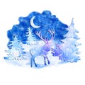 Watercolor deer in forest at night on free light blue paint designs abstract background. Hand drawn Merry Christmas symbol, Santa Royalty Free Stock Photo