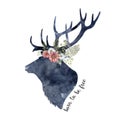 Watercolor deer head silhouette decorated with floral composition Royalty Free Stock Photo