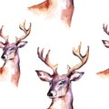 Watercolor deers seamless texture pattern. Hand drawn natural repeating background. Isolated vector illustration kids and