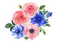 Watercolor delicate flowers blue anemones, roses, dahlias. Bouquet of flowers on a white background. Royalty Free Stock Photo
