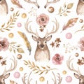 Watercolor delicate pink flower and forest deer background. Modern seamless pattern with leaves, flowers, feathers, beads and deer Royalty Free Stock Photo