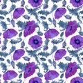 Watercolor Delicate poppy flowers in purple colored pattern., Royalty Free Stock Photo