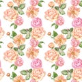 Watercolor delicate roses seamless pattern in vintage style. Pastel pink garden flowers on white background. Romantic print. Royalty Free Stock Photo