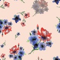 Watercolor delicate seamless pattern with red and blue summers flowers on light pink background.