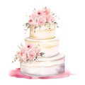 Watercolor delicate wedding cake with pink flowers isolated on white background Royalty Free Stock Photo