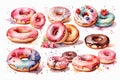 Watercolor Delicious Donuts Collection. Vintage sweet dessert food for birthday