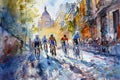 Watercolor depiction of cyclists racing through a vibrant city street