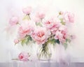 watercolor depiction of Romantic White and Pink peonies and roses.