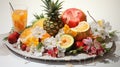 watercolor depiction of a tropical fruit platter on a pure white background