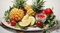 watercolor depiction of a tropical fruit platter on a pure white background