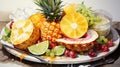 watercolor depiction of a tropical fruit platter on a pure white background