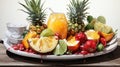 watercolor depiction of a tropical fruit platter on a pure white background