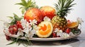 watercolor depiction of a tropical fruit platter on a pure white background