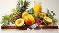 watercolor depiction of a tropical fruit platter on a pure white background