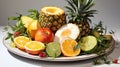 watercolor depiction of a tropical fruit platter on a pure white background