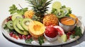 watercolor depiction of a tropical fruit platter on a pure white background