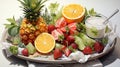 watercolor depiction of a tropical fruit platter on a pure white background