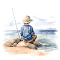 watercolor depiction of a young boy fishing by a serene lake on white background