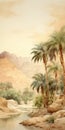 Watercolor Desert Landscape With Palm Trees - Layered And Atmospheric Oasis Painting