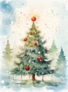 Watercolor Design for Christmas Greeting Card With Snow-Covered Christmas Tree with Red Ornaments. Winter Digital Art Royalty Free Stock Photo