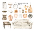 Watercolor design elements of modern interior items. Marrocco vibes. Home decor: sofa, mirror, vase, wooden table, pillow, frame,