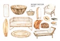 Watercolor design elements of modern interior items. Marrocco vibes. Home decor: wicker sofa, wicker chair, wooden table, arc