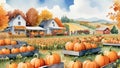 Watercolor design of Pumpkins, hayrides, and corn mazes Royalty Free Stock Photo