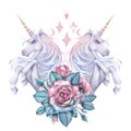 Watercolor design with unicorns and rose vignette Royalty Free Stock Photo