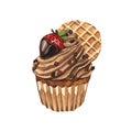 Watercolor dessert cupcake with strawberry, whipped chocolate chip muffin in wax liner. Hand-drawn illustration isolated