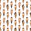 Watercolor dessert pattern, soft ice cream waffle cone with cookie and strawberry. Hand-drawn illustration isolated on