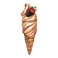 Watercolor dessert, soft ice cream waffle cone with strawberry in chocolate. Hand-drawn illustration isolated on white