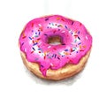 Watercolor dessert. Watercolor donut in a pink glaze with rainbow sugar sprinkles. Hand drawn watercolor painting on white