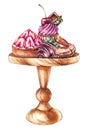 Watercolor desserts composition with cupcake, tartlet, chocolate covered strawberries, cookies on a wooden stand