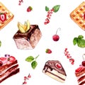 Watercolor desserts seamless pattern with cakes, red currant and cherries. Royalty Free Stock Photo