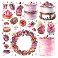 Watercolor desserts set with cupcake, cake, strawberries, chocolate, nuts on a white background Royalty Free Stock Photo