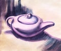 Watercolor detailed sketch of lilac teapot on getle pink background with thick purple shadows. Chinese ceramic kettle for tea