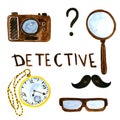 Watercolor detective set for finding criminals evidence.